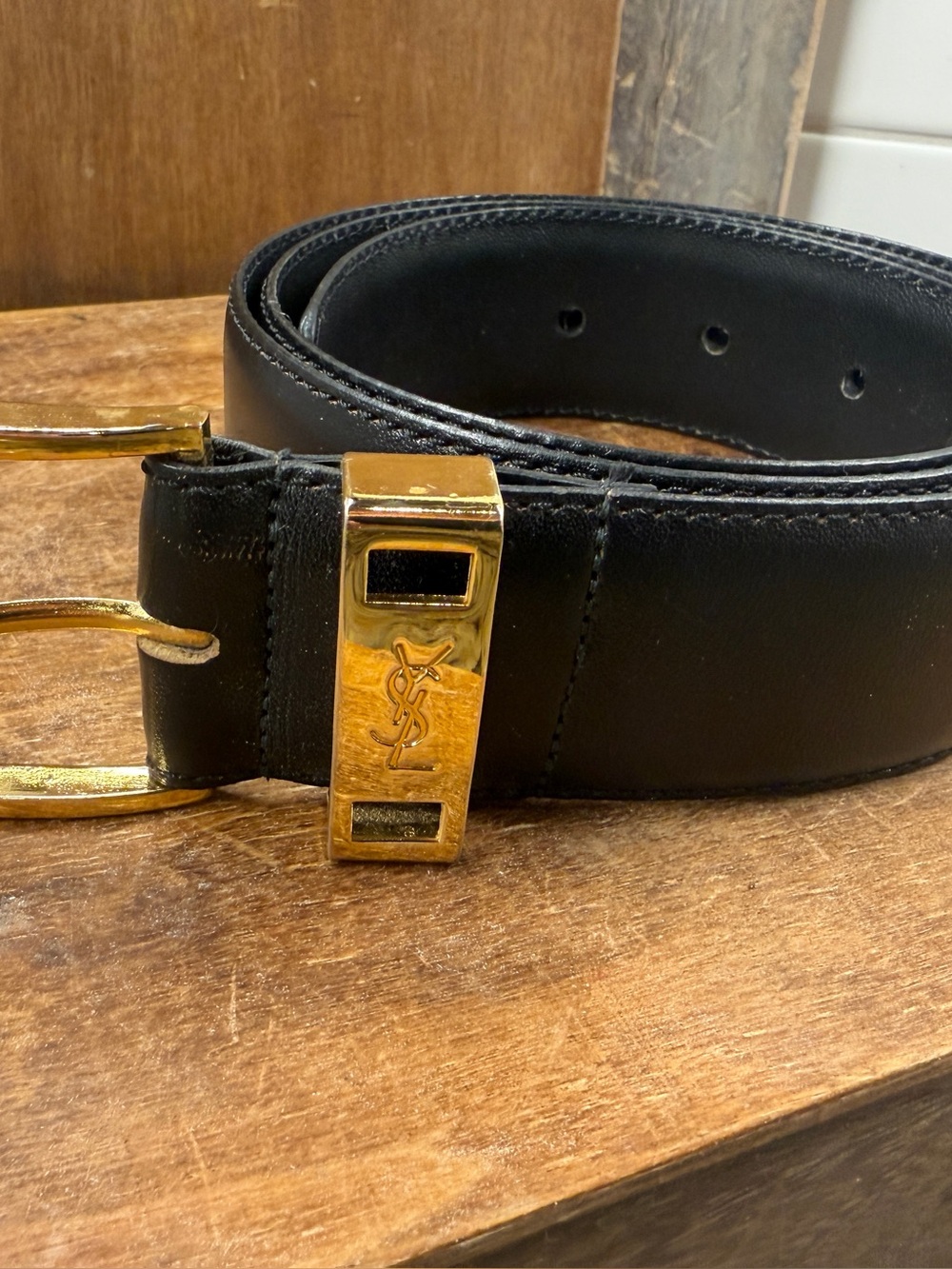 Yves Saint Laurent Black Leather Belt with Gold YSL Accents